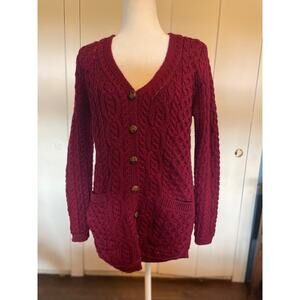 Inis Crafts‎ Irish 100% Merino Wool Long Cardigan Women's Size Medium Burgundy
